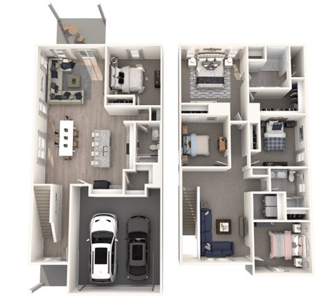 Two floor plan images of a small apartment with a kitchen, living room, bedroom, and bathroom.